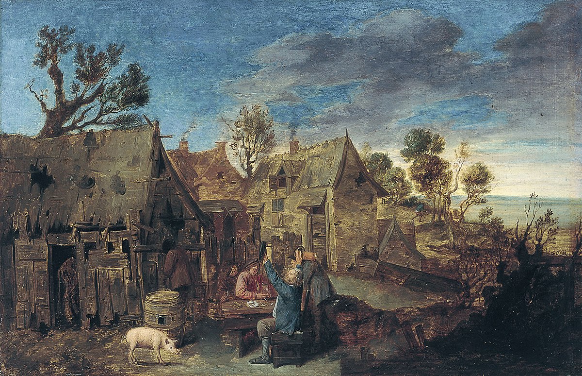Village Scene with Men Drinking by Adriaen Brouwer