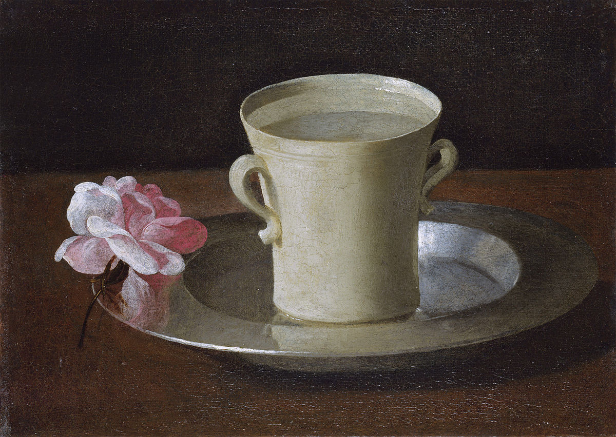 Cup of Water and a Rose on a Silver Plate by Francisco de Zurbarán at National Gallery