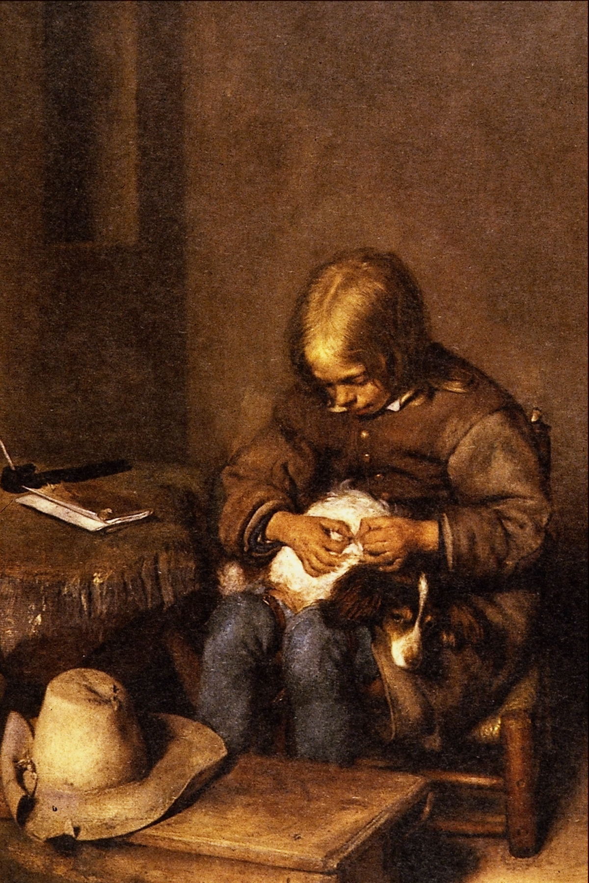 The Flea-Catcher (Boy with his Dog) by Gerard ter Borch at Alte Pinakothek