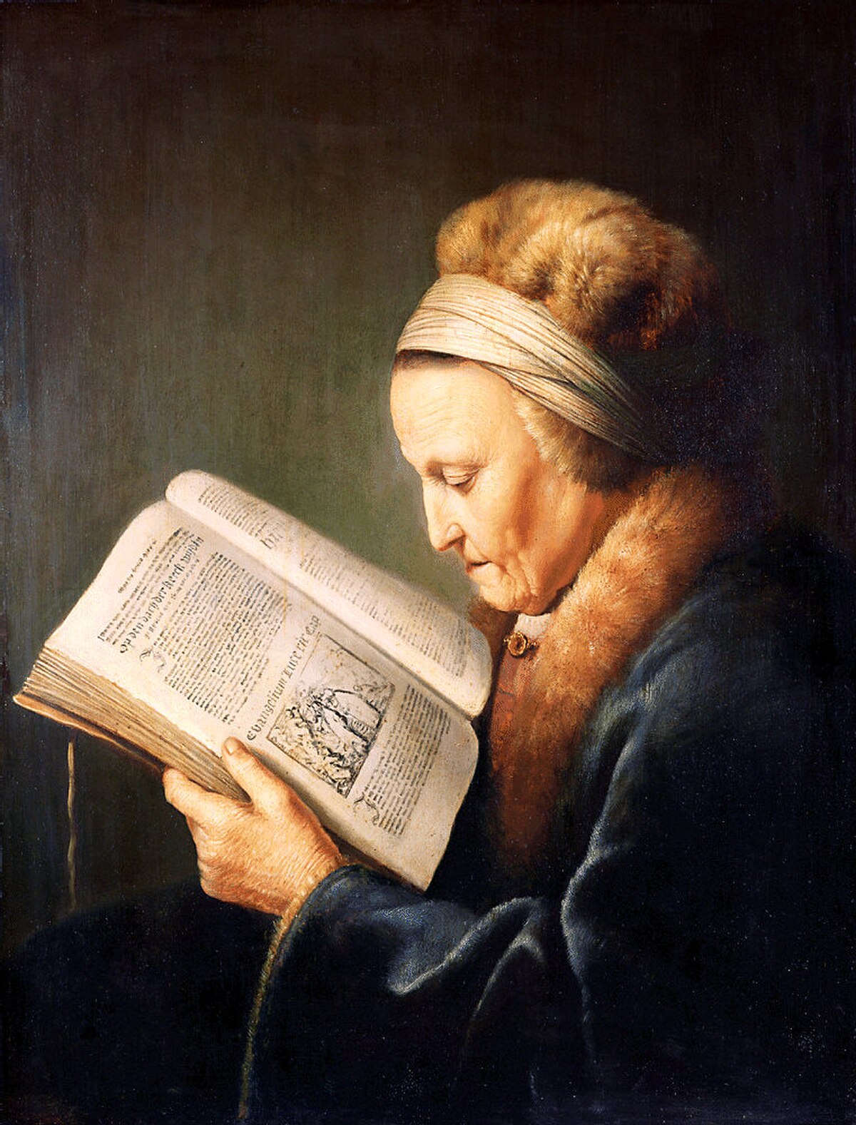 Portrait of an old woman reading by Gerrit Dou (1631), oil painting at Rijksmuseum