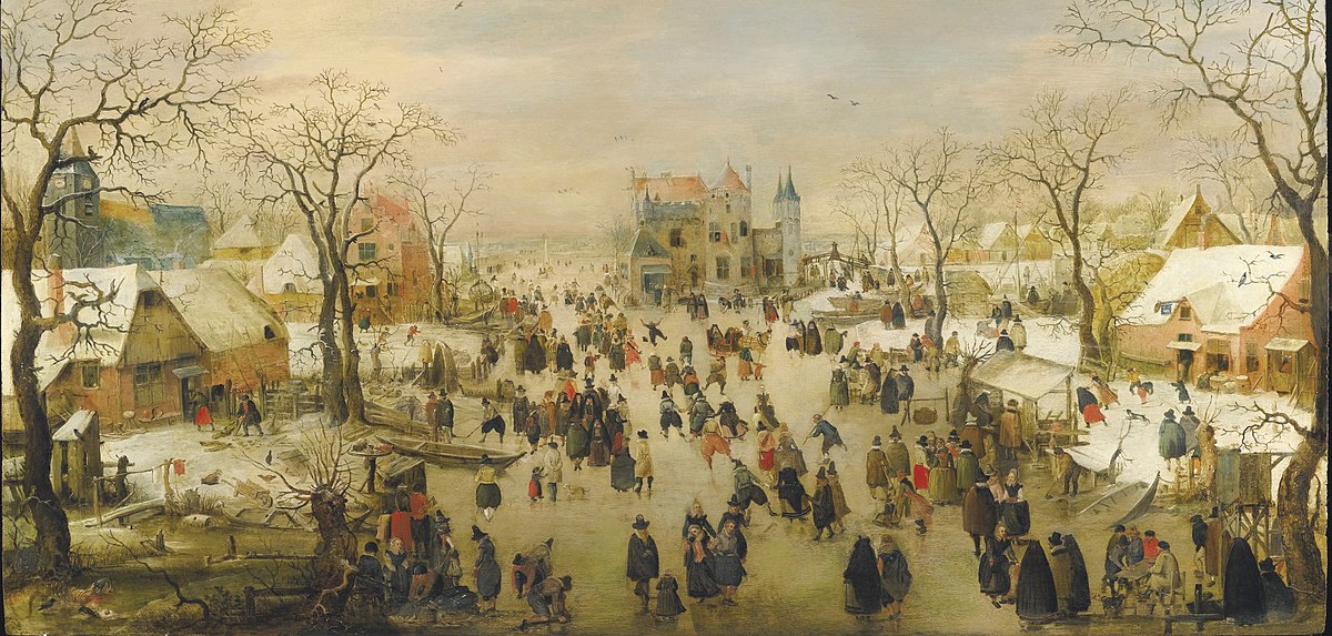 A Panoramic Winter Landscape with a Multitude of Figures on a Frozen River by Hendrick Avercamp at Private Collection