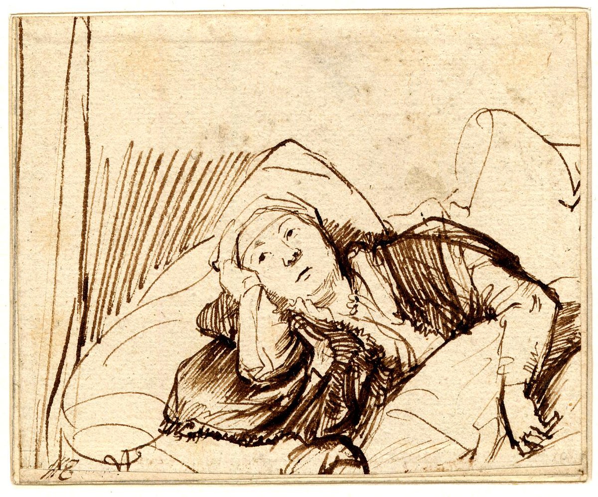 A Woman Lying on a Bed by Rembrandt van Rijn at Private Collection