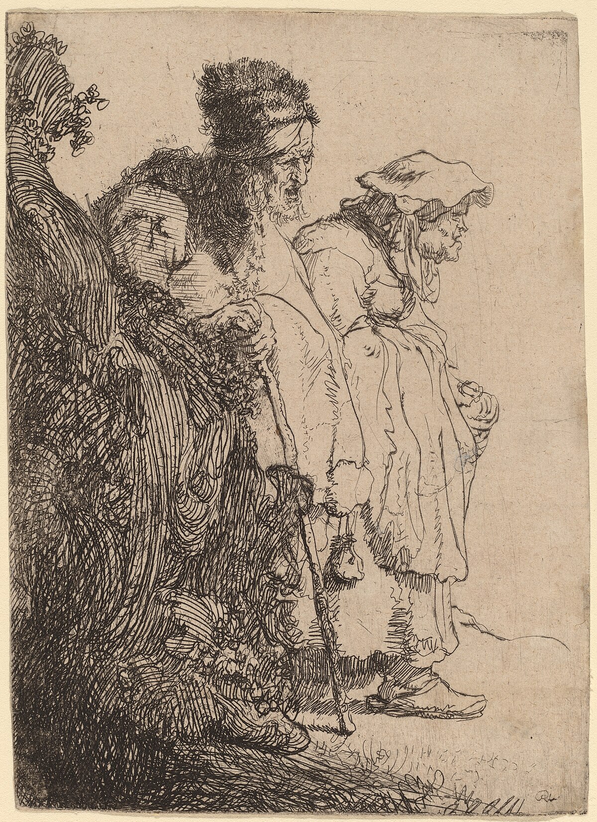 Beggar man and woman behind a bank by Rembrandt van Rijn