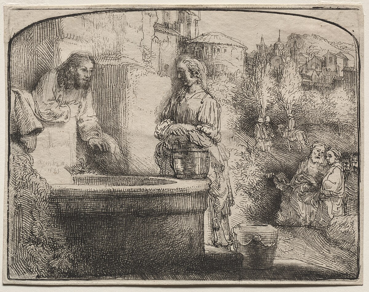 Christ and the woman of Samaria an arched print by Rembrandt van Rijn