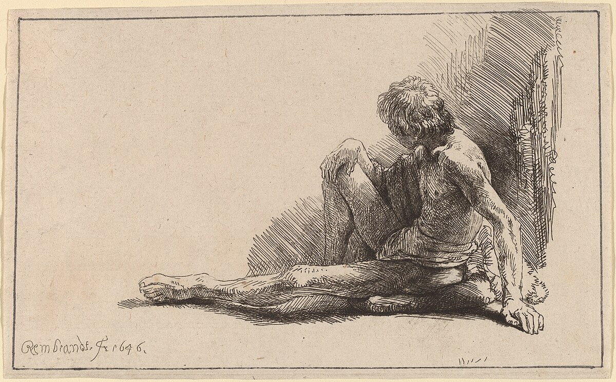 Nude man seated on the ground with one leg extended by Rembrandt van Rijn
