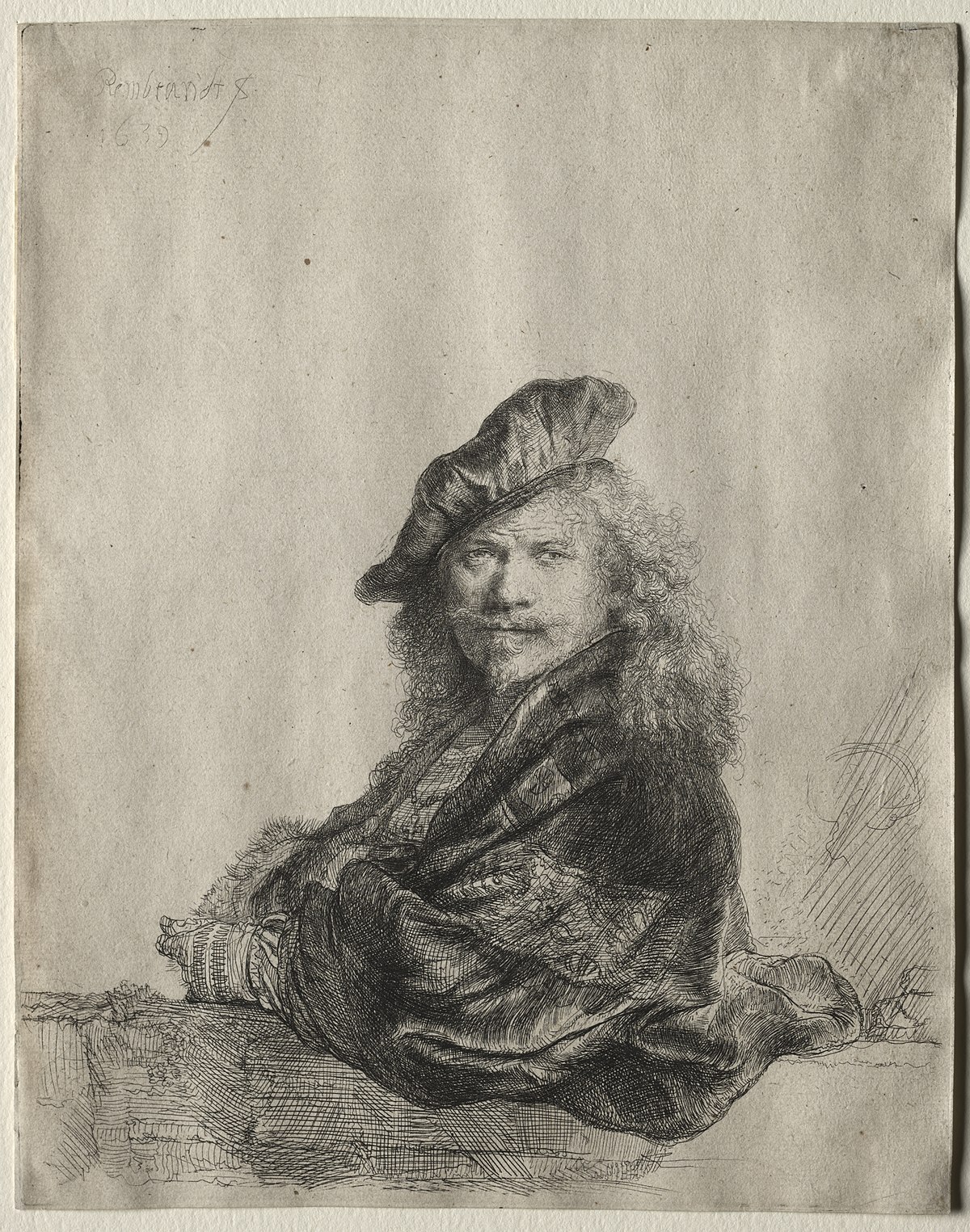 Self-portrait leaning on a stone sill by Rembrandt van Rijn