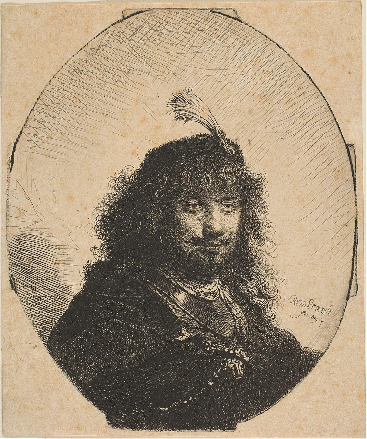 Self-portrait with plumed cap and lowered sabre by Rembrandt van Rijn