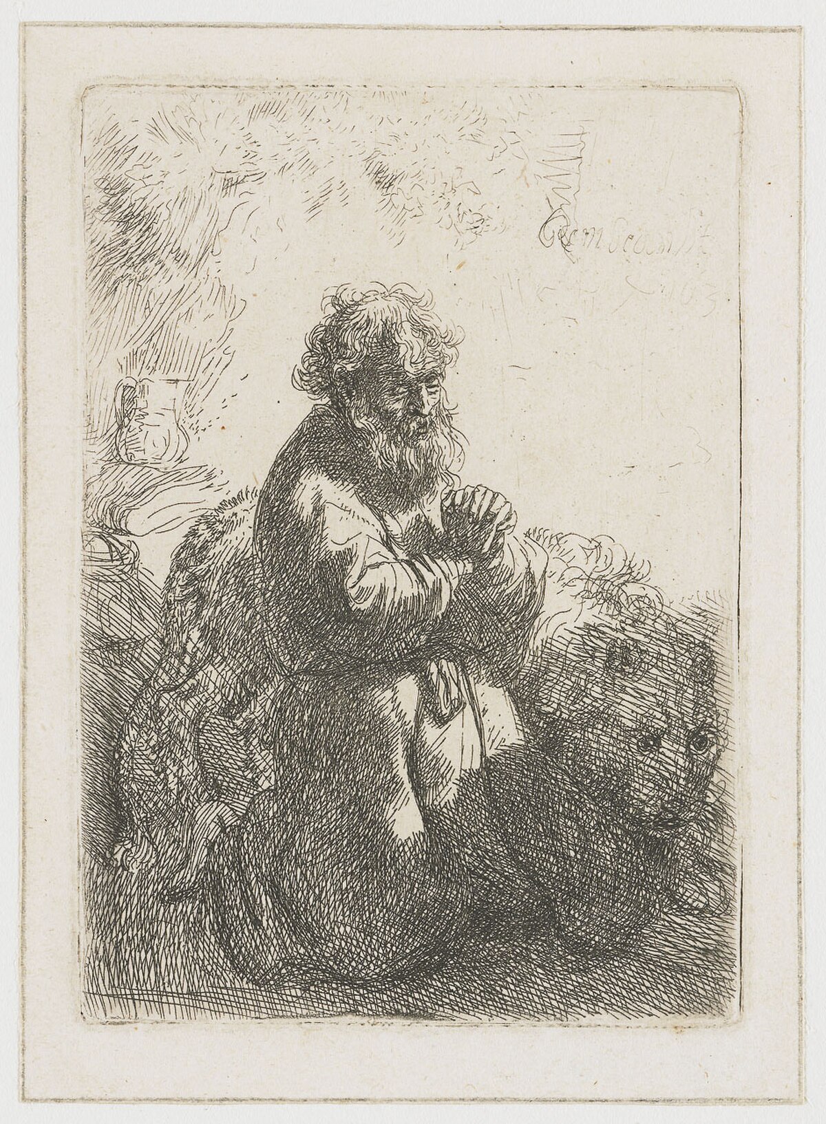 St. Jerome kneeling in prayer, looking down by Rembrandt van Rijn
