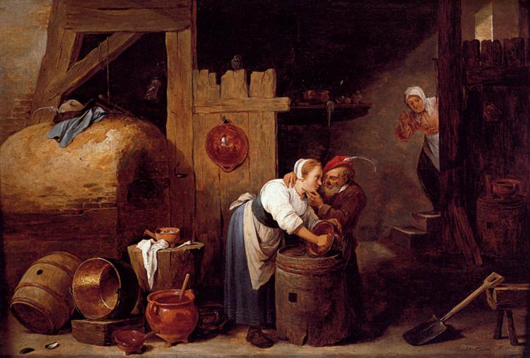 Interior scene with a young woman scrubbing pots while an old man makes advances by David Teniers the Younger