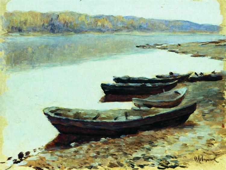 Landscape on Volga. Boats by the Riverbank. by Isaac Levitan