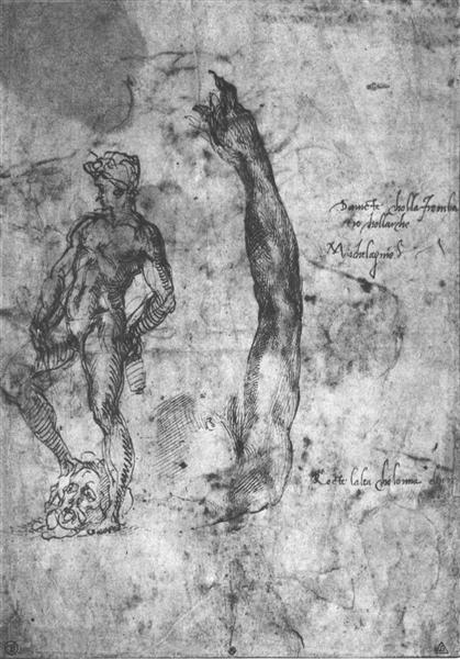 Study for an arm of the marble David and the figure of the bronze David by Michelangelo at Louvre, Paris