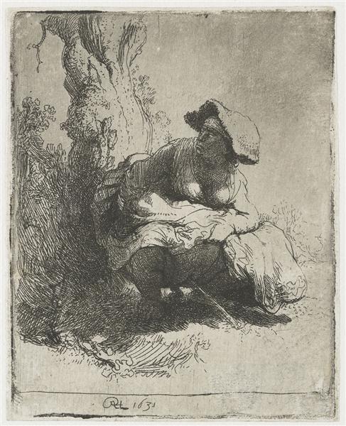 A woman making water by Rembrandt van Rijn at Private Collection