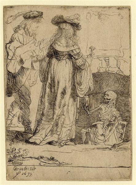Death appearing to a wedded couple from an open grave by Rembrandt van Rijn at Private Collection