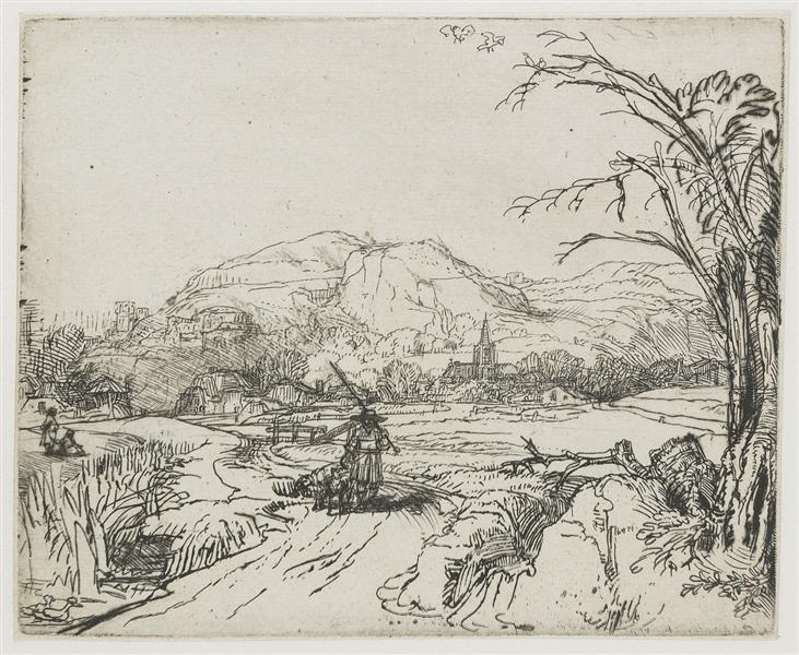 Landscape with a shepherd and a dog by Rembrandt van Rijn